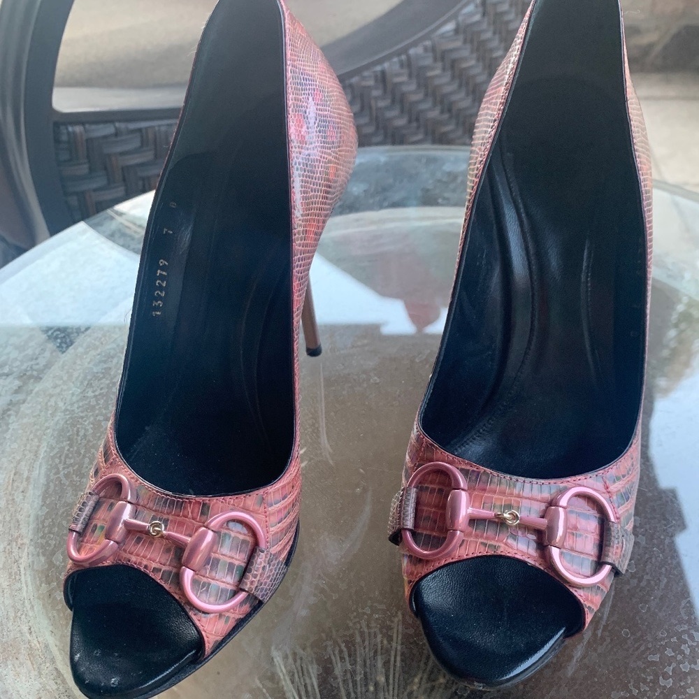 Gucci Metallic Python Peep Toe Pumps - image 1